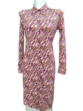 The Limited 100% Silk Multicolor Vintage-Style Shirt Dress M Long Sleeve Button